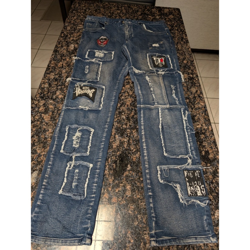 Rebel Vengeance Men Distressed Patched  Skull Jeans  Size 34